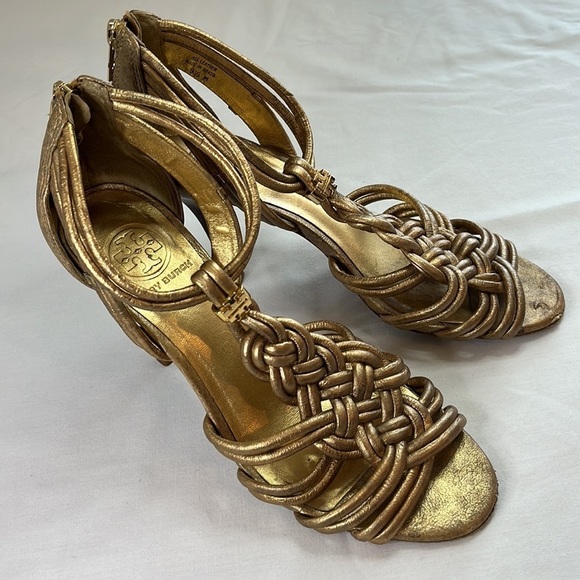 Tory Burch Constance gold braided T-strap high heels - Picture 2 of 15